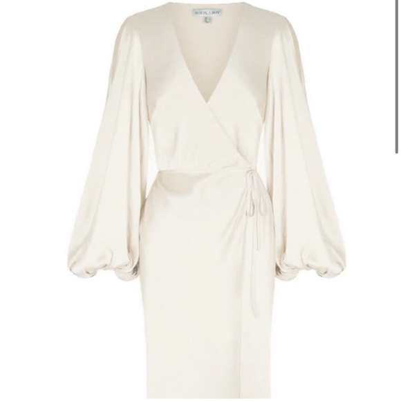SHONA JOY LA LUNE FULL SLEEVE WRAP MIDI DRESS in CREAM - Picture 4 of 16